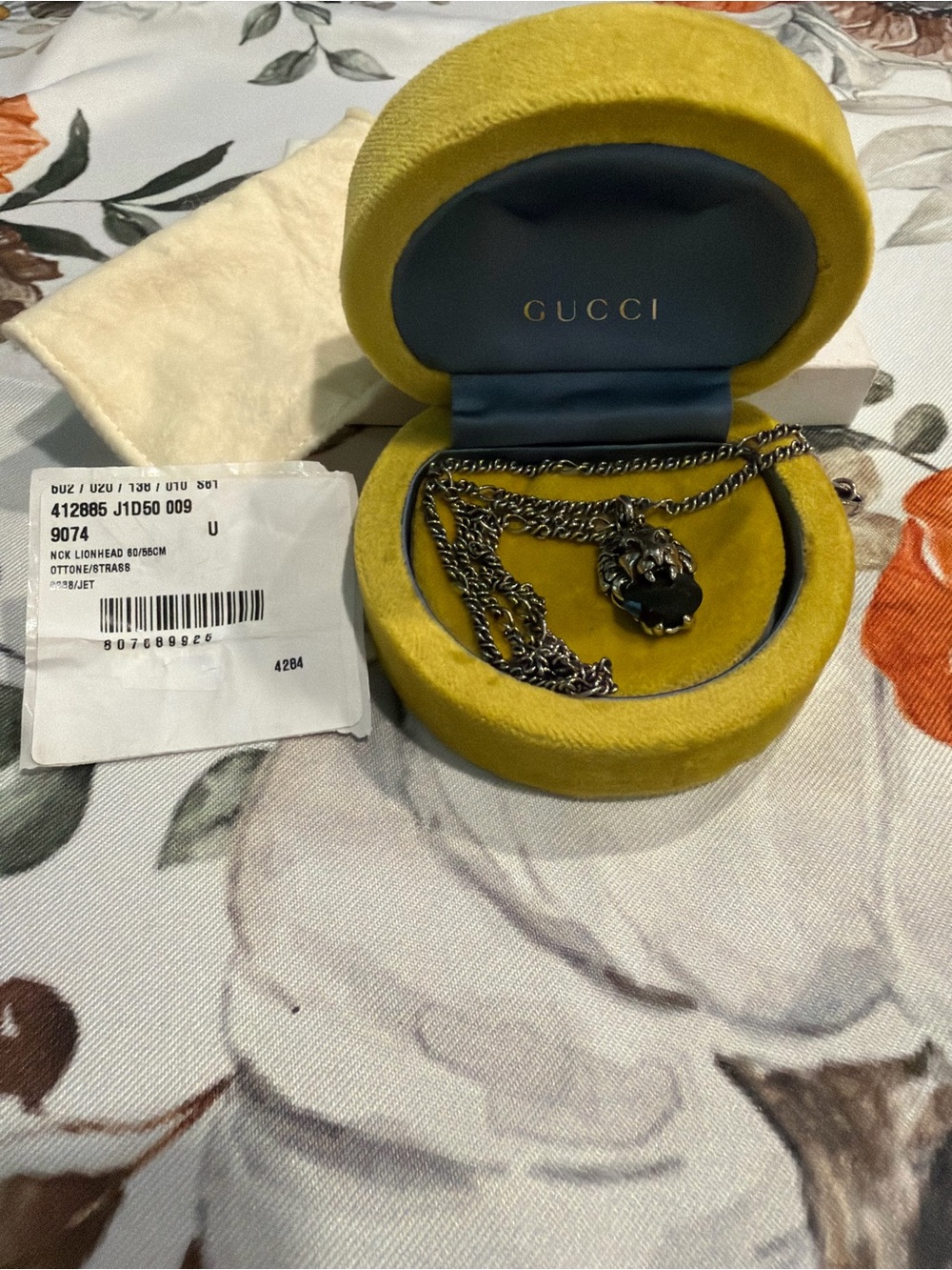 Gucci Lion Head Black Crystal Stone Pendant Necklace w/ Gunmetal-Tone Chain EUC